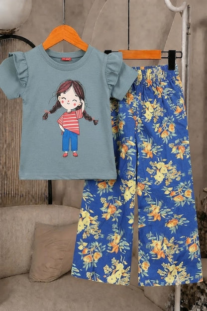 Doll Printed Dusty teal + Royal Blue Girls T-Shirt &Cotton Flapper