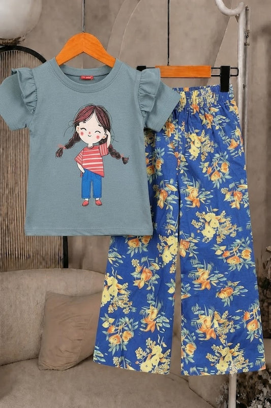 Doll Printed Dusty teal + Royal Blue Girls T-Shirt &Cotton Flapper