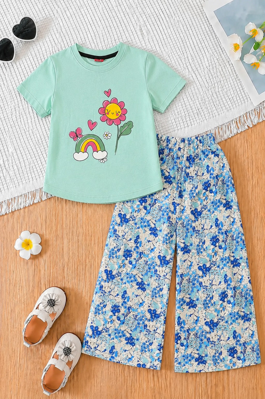 [Rainbow ] Printed Light  Blue Girls  T-shirt & Cotton Flapper