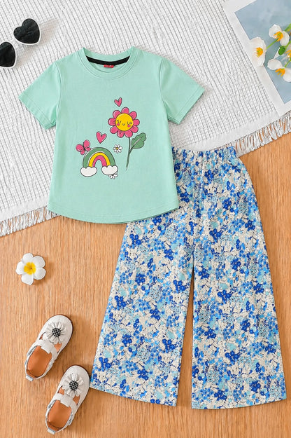 [Rainbow ] Printed Light  Blue Girls  T-shirt & Cotton Flapper