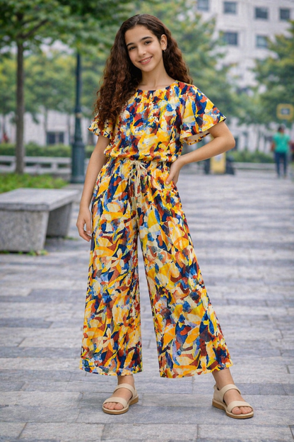 Multicolor abstract printed cotton girls co-ord set with short sleeve top and wide-leg pants, casual outdoor street style Pakistan
