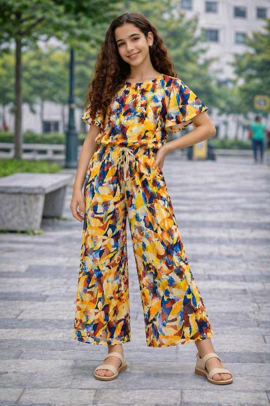 Multicolor abstract printed cotton girls co-ord set with short sleeve top and wide-leg pants, casual outdoor street style Pakistan
