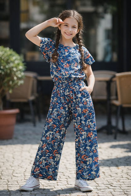 Blue abstract printed cotton girls co-ord set with short sleeve top and wide-leg pants, Pakistan kids Outfit