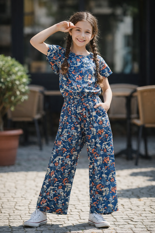 Blue abstract printed cotton girls co-ord set with short sleeve top and wide-leg pants, Pakistan kids Outfit