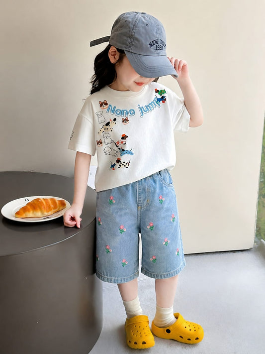 All Over Embroidery Light Blue Girls Short
