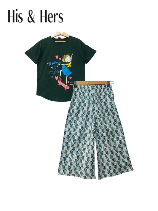 Dark green cotton girls co-ord set with cartoon print T-shirt and green leaf printed wide-leg pants, Pakistan
