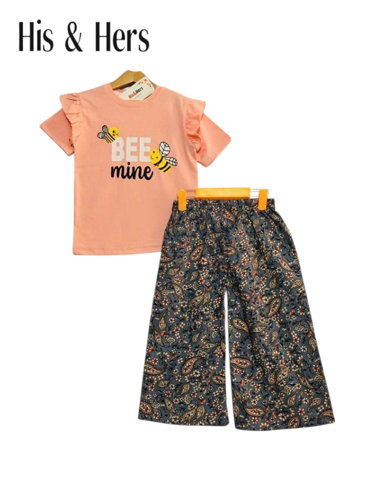Girls peach cotton Bee Mine t-shirt printed pants co-ord set Pakistan kids outfit