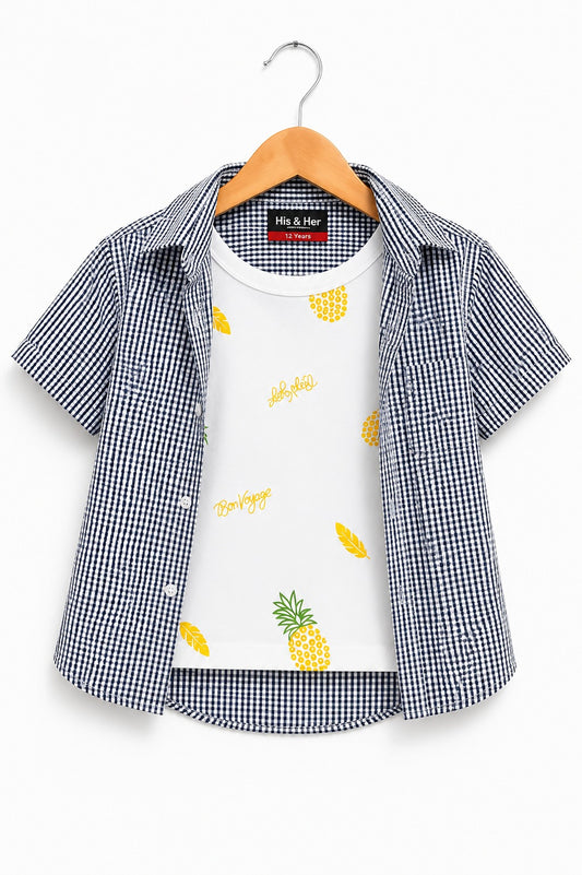 BLack & White  Checked [ Pineapple  ] Printed  Layered Casual Shirt 514