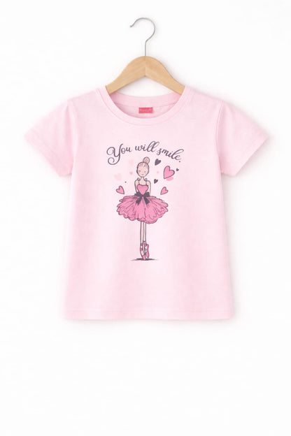 Pink girls t-shirt with ballerina “You Will Smile” graphic print in Pakistan.
