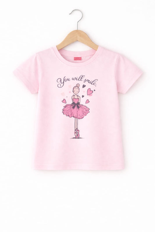Pink girls t-shirt with ballerina “You Will Smile” graphic print in Pakistan.
