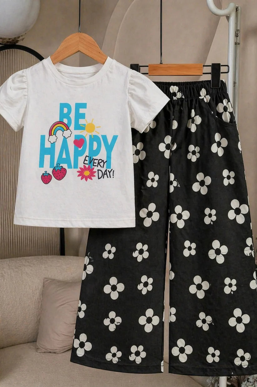 Girls white graphic cotton t-shirt with black floral pants kids outfit Pakistan