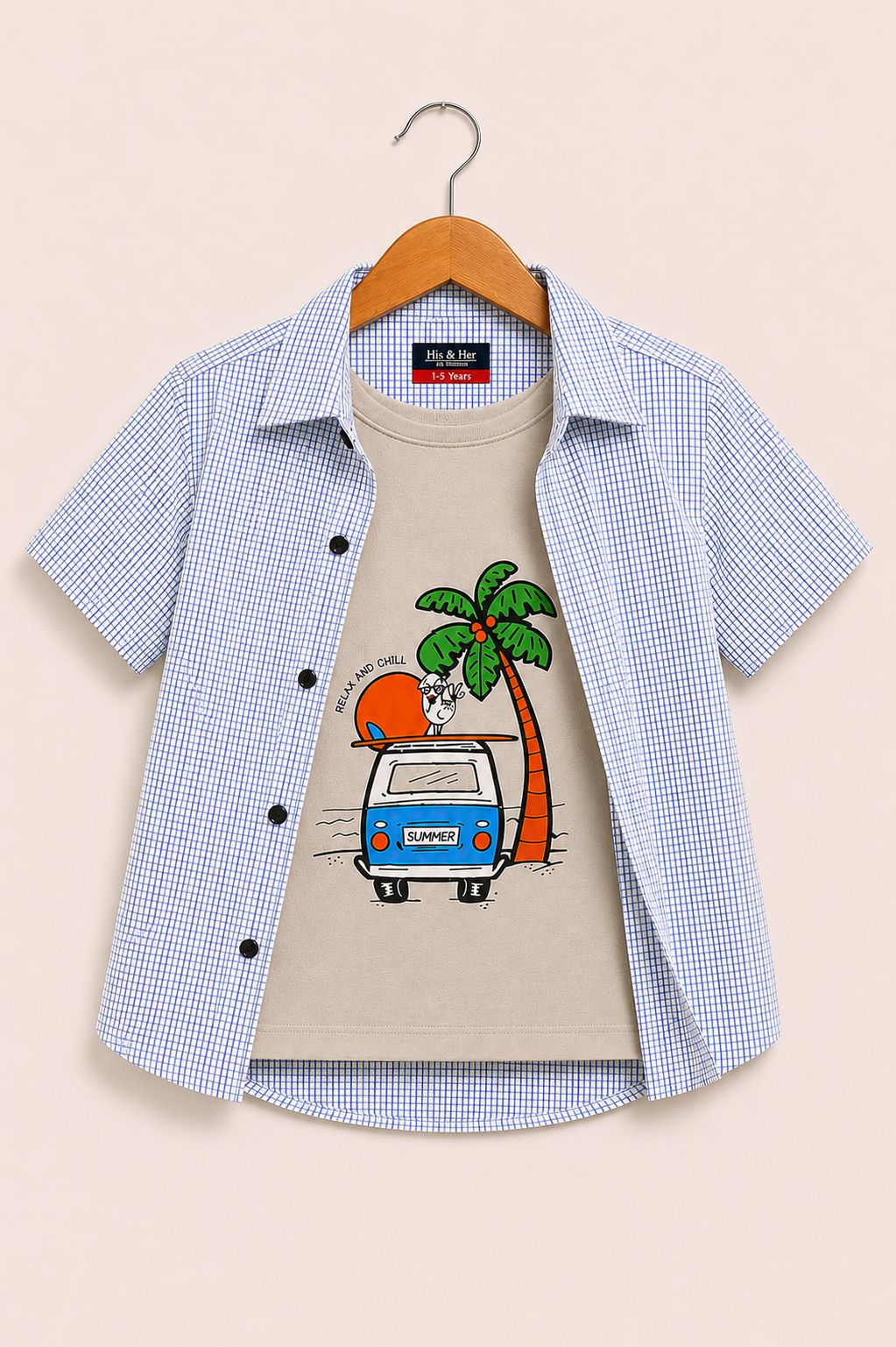 [Beach Van] Printed Blue Checked Boys  Layered Casual Shirt 528