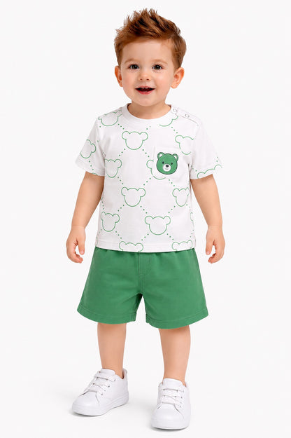 Bear Printed Green & White New Born  Nicker Suit 225