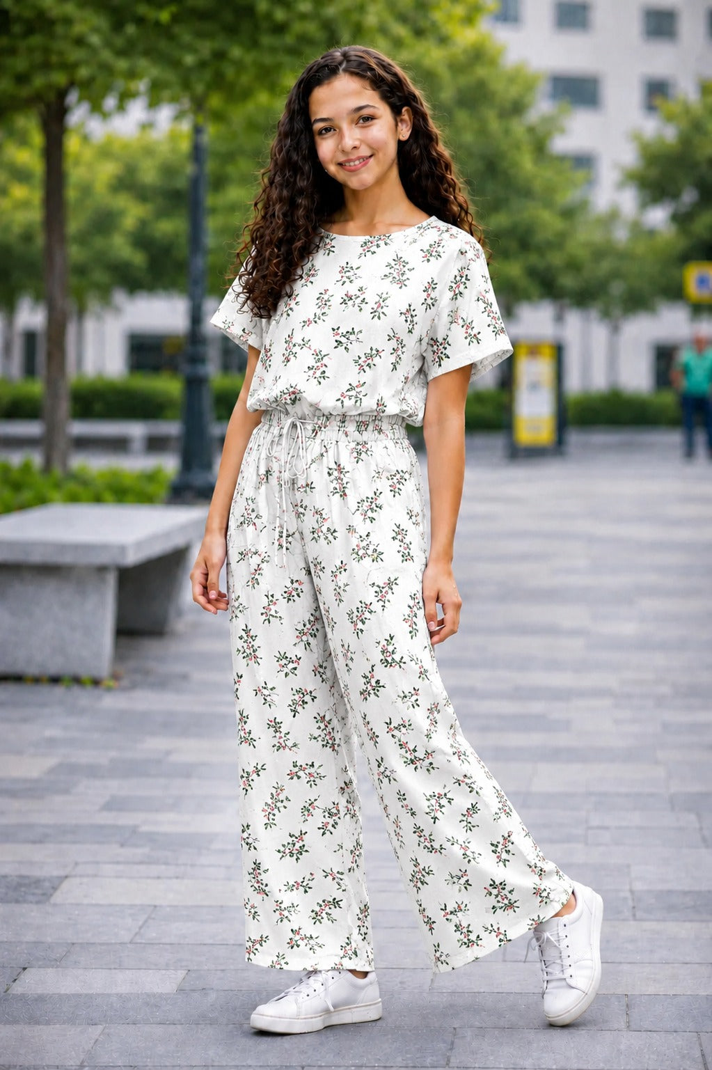Black Blooms Printed White Cotton Girls Co-Ord Set 719