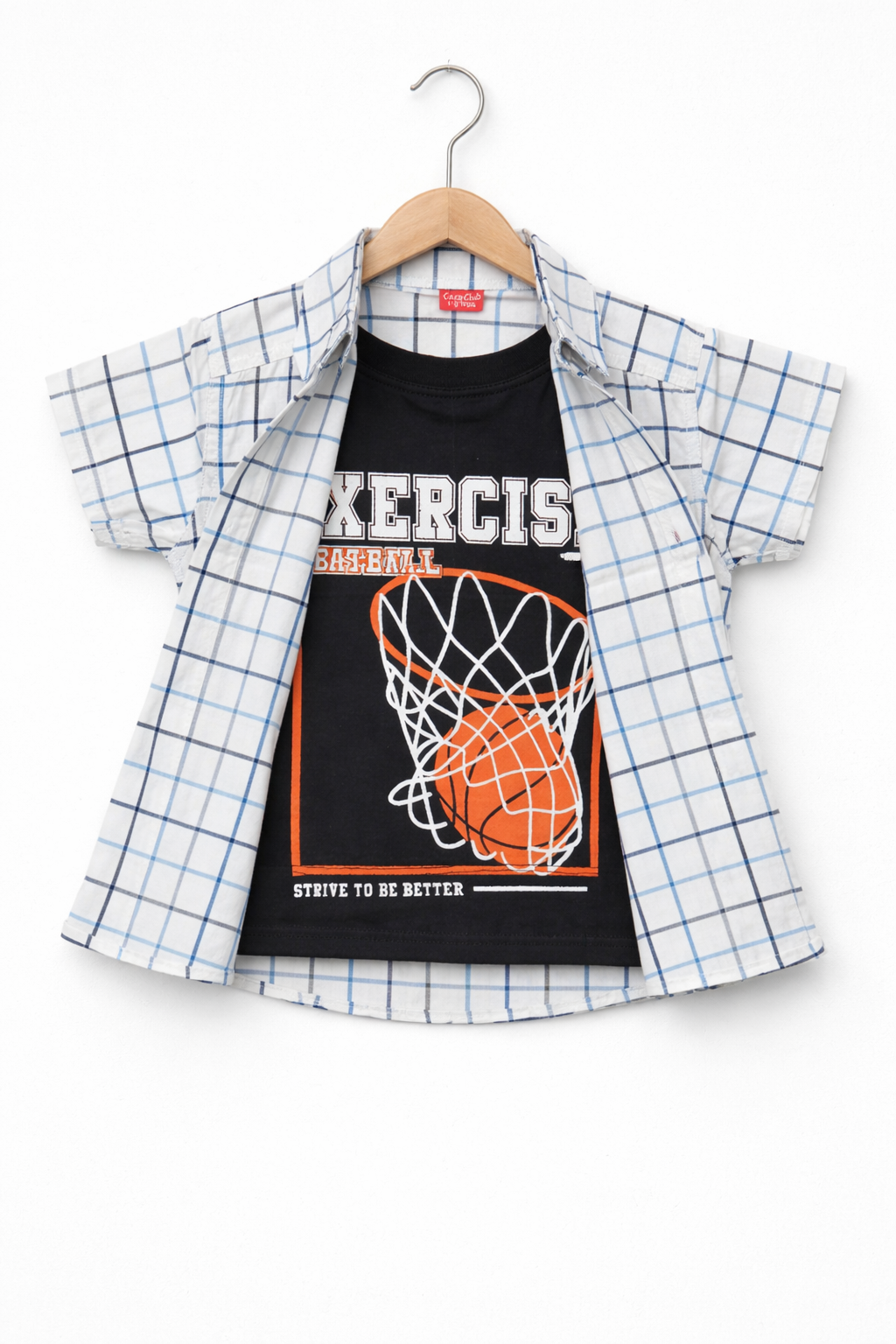 Black Blue Check Basketball Hoop Printed Layered Casual Shirt