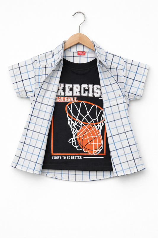 Black Blue Check Basketball Hoop Printed Layered Casual Shirt