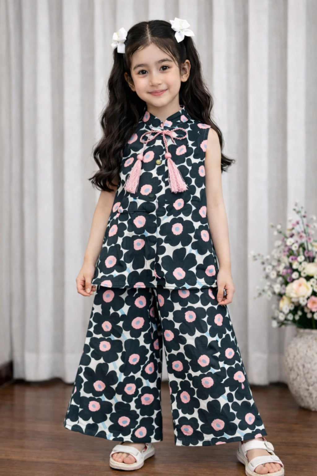 Black floral cotton girls co-ord set with tassel top and wide-leg pants, studio Pakistan