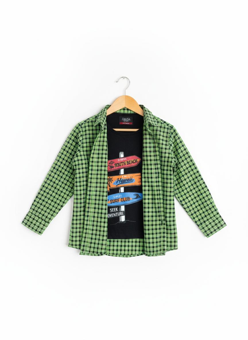 Black Green Checked  Layered Casual Shirt 300