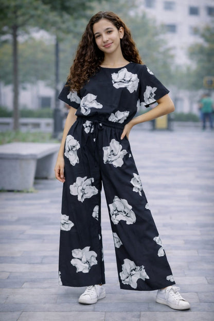 Girls black cotton floral co-ord set wide-leg pants Pakistan kids outfit