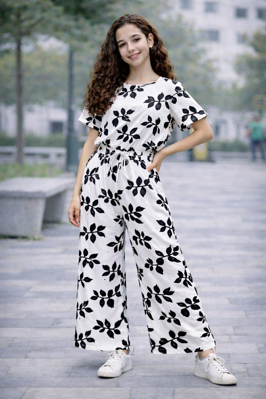 White cotton girls co-ord set with black leaf print, short sleeve top and wide-leg pants, Pakistan kids Outfit