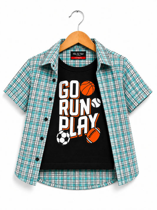 Black & Light Blue Checked [Go Run Play ] Printed Layered Casual Shirt 503