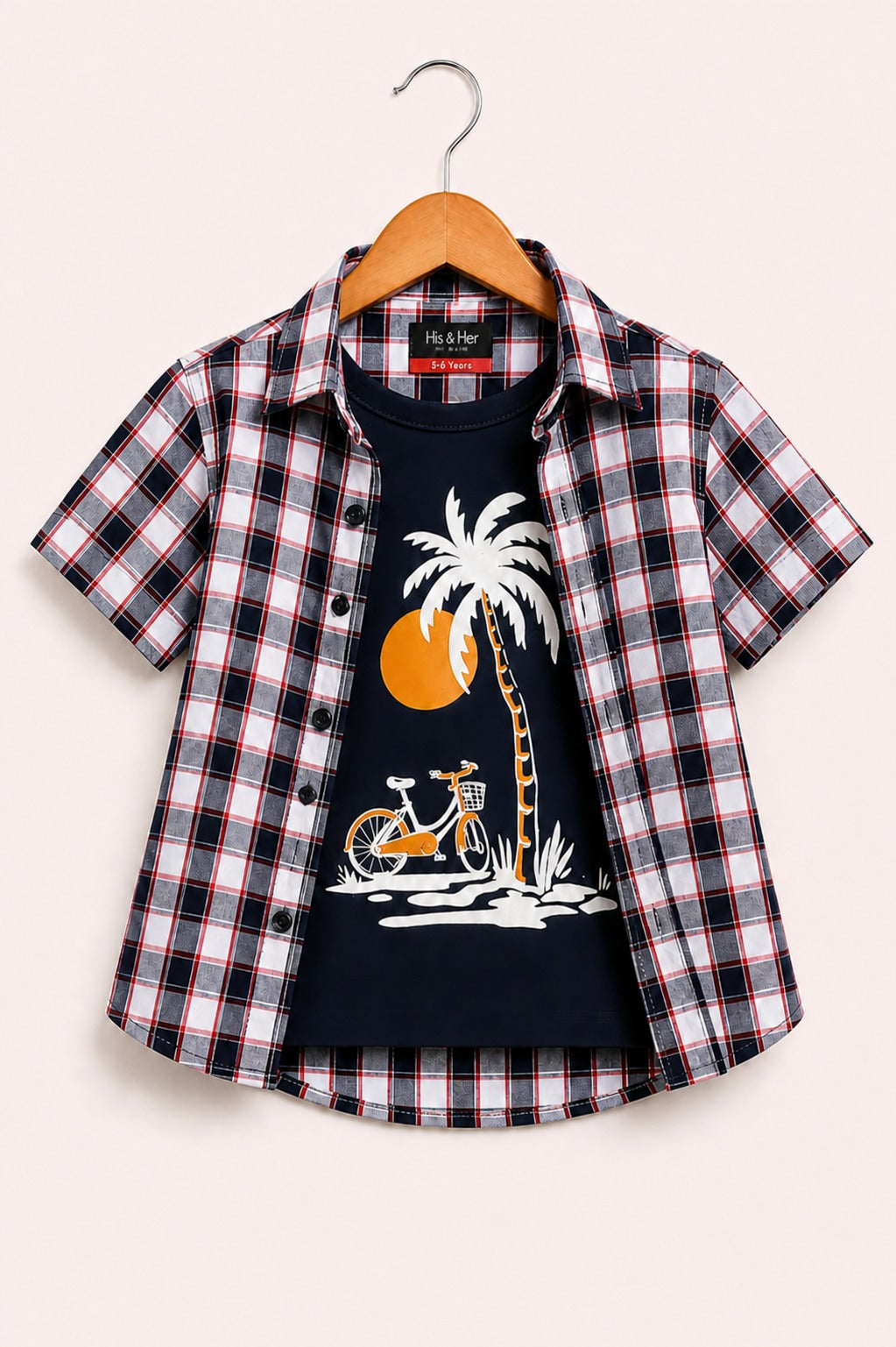 Black & Light  Pink Checked Sunset Palm Printed Layered Casual Shirt 528