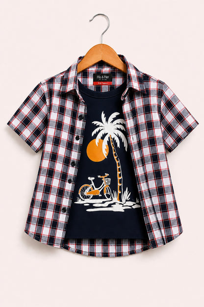 Black & Light  Pink Checked Sunset Palm Printed Layered Casual Shirt 528