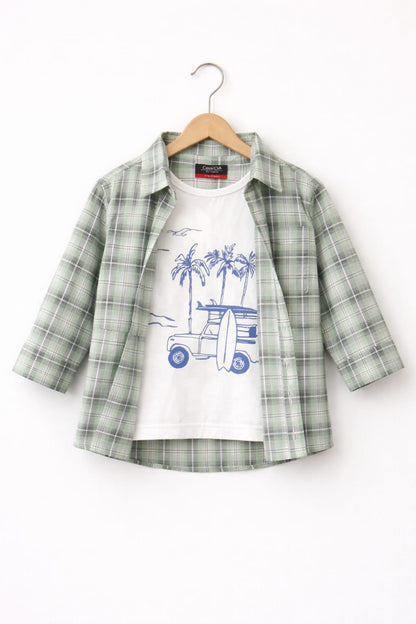 Black & White  Checked  Blue Surf Ride Layered Printed  Light Green Layered Casual Shirt 209