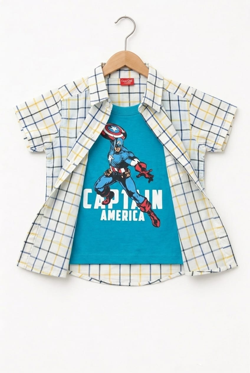 Black & Yellow   Check Blue Captain America   Printed Double Casual Shirt 109