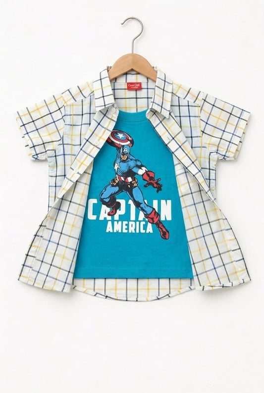 Black & Yellow   Check Blue Captain America   Printed Double Casual Shirt 109