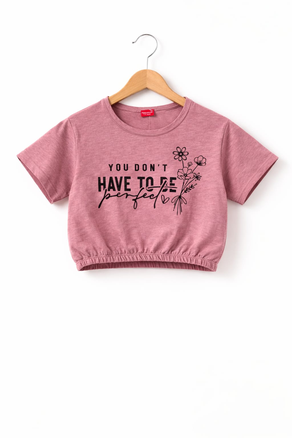Girls dusty pink cotton crop t-shirt with floral “You Don’t Have To Be Perfect” text print, Pakistan casual summer Kidswear 
