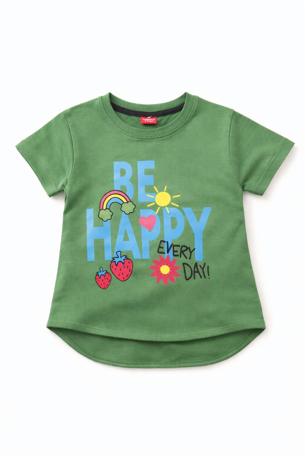 Green girls t-shirt with “Be Happy Every Day” text, rainbow, strawberry and flower print, soft cotton fabric in Pakistan.
