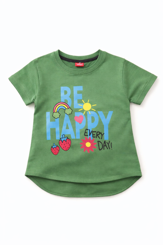 Green girls t-shirt with “Be Happy Every Day” text, rainbow, strawberry and flower print, soft cotton fabric in Pakistan.
