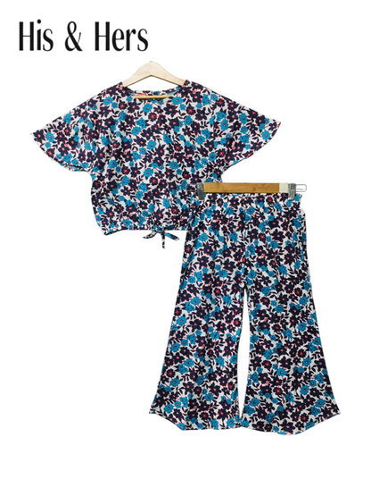 Blue & Black Flowers Allover Print  Cotton Girls Co-Ord Set 237