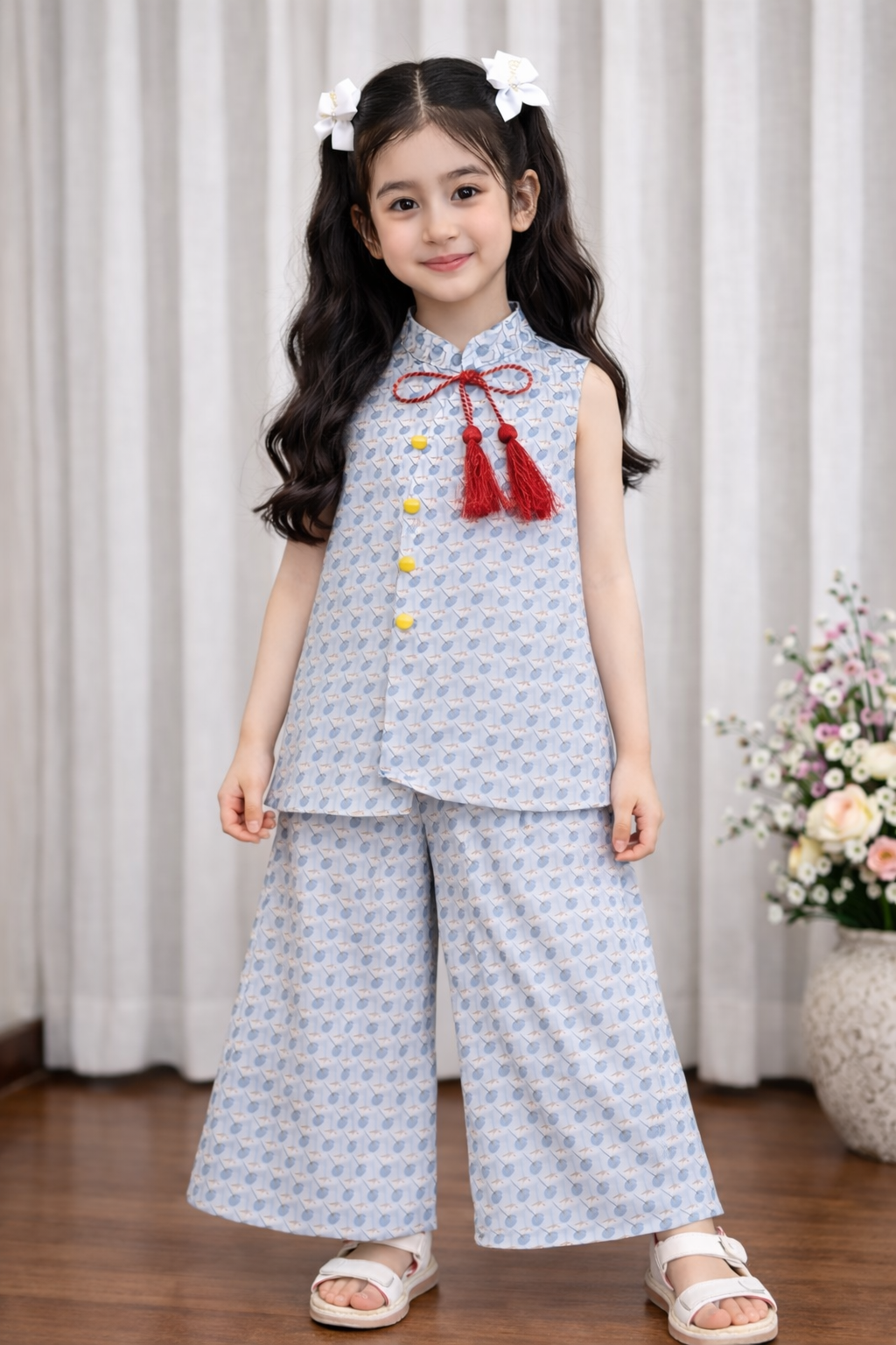 Light blue cotton girls co-ord set with tassel top and wide-leg pants indoor