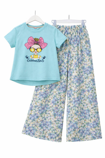 Girls sky blue printed t-shirt with floral wide-leg trousers co-ord set for kids, casual summer Pakistan  outfit 