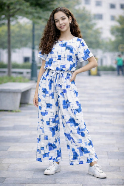 Girls white cotton co-ord set with blue abstract print, short sleeve top and wide-leg pants,kids outfit Pakistan.
