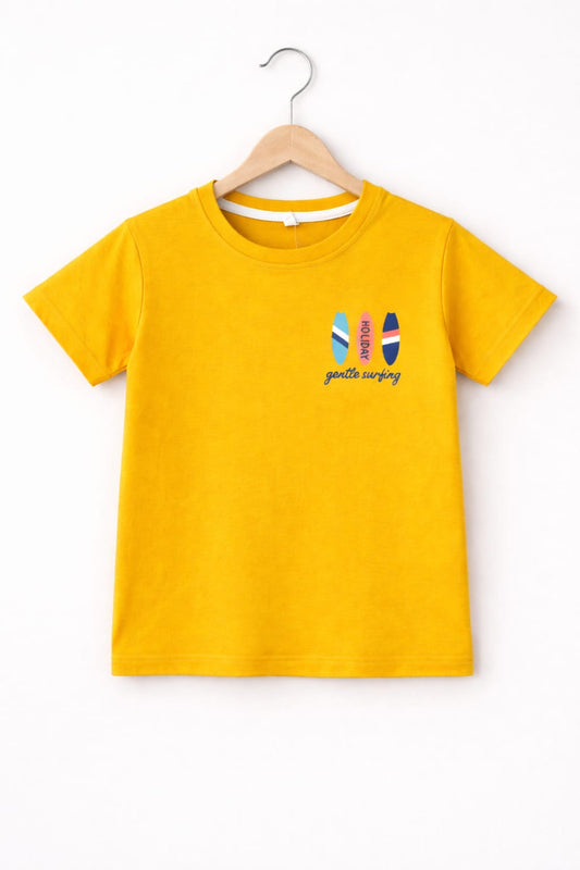 Yellow boys' cotton T-shirt with a surfboard print for kids in Pakistan.
