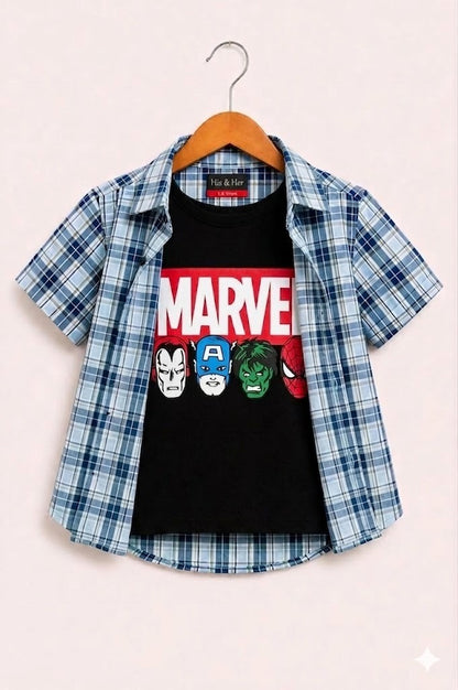 Blue Checked [Marvel] Printed Layered Casual Shirt 207