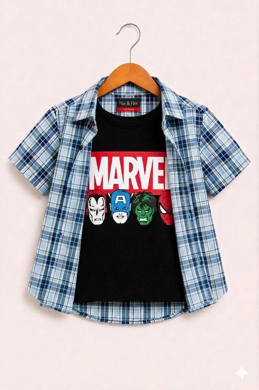 Blue Checked [Marvel] Printed Layered Casual Shirt 207