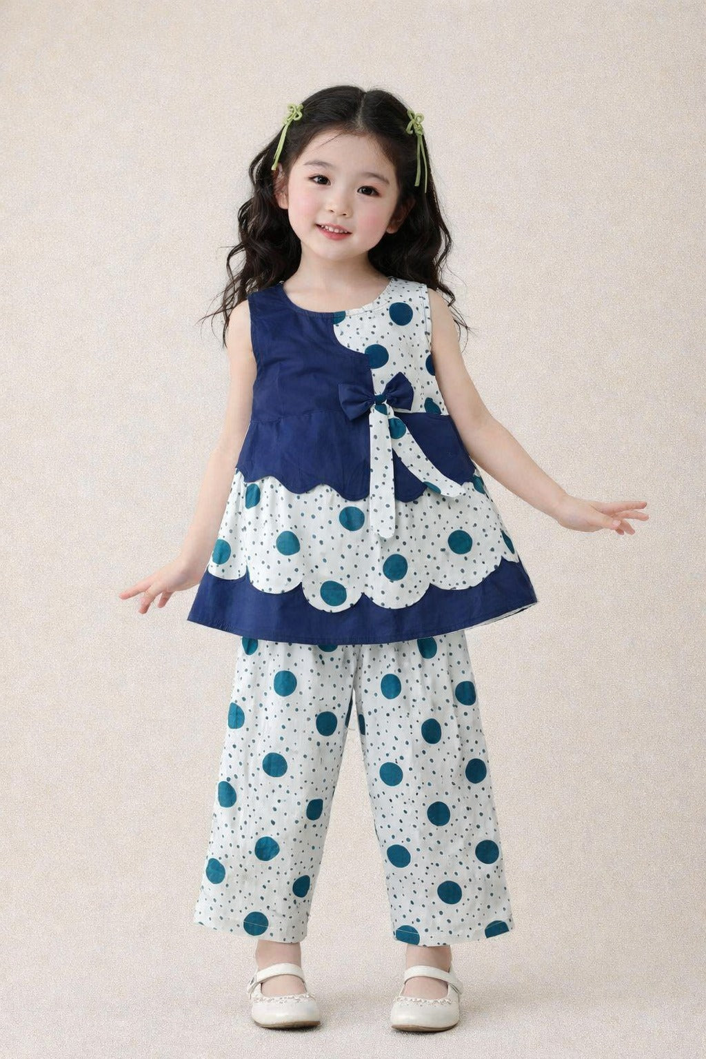 Girls navy white polka dot cotton co-ord set Pakistan kids outfit