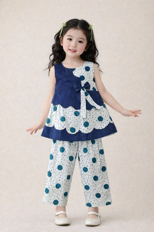 Girls navy white polka dot cotton co-ord set Pakistan kids outfit