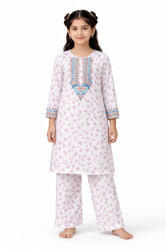 White floral printed cotton 2-piece outfit for girls with blue embroidered neckline kurti and wide-leg pants,  Pakistan
