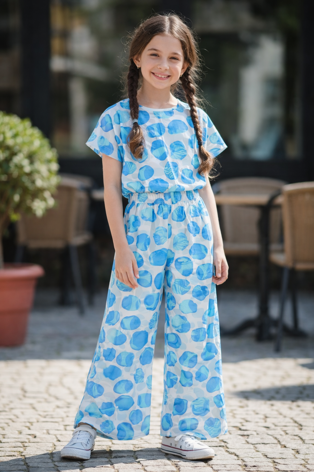 Girls white cotton co-ord set with blue abstract polka print and wide-leg trousers, casual summer Pakistan  outfit 
