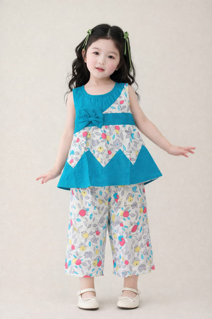 Girls turquoise sleeveless co-ord set with bow detail top and colorful floral printed wide-leg pants, summer  Pakistan kids outfit 
