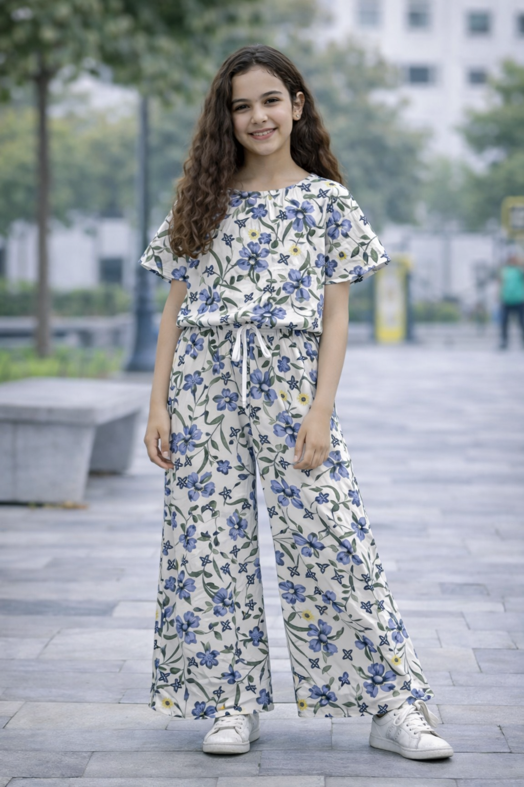 White floral girls co-ord set with blue flower allover print, short sleeve top and wide-leg pants, Pakistan
