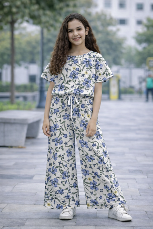 White floral girls co-ord set with blue flower allover print, short sleeve top and wide-leg pants, Pakistan
