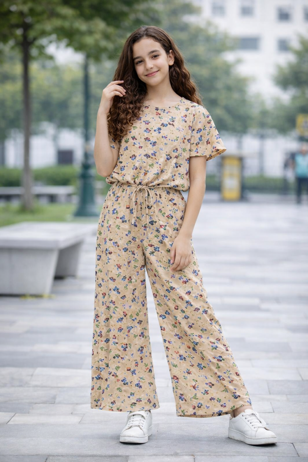 Beige cotton girls co-ord set with multicolor floral print, short sleeve top and wide-leg pants, Pakistan kids Outfit
