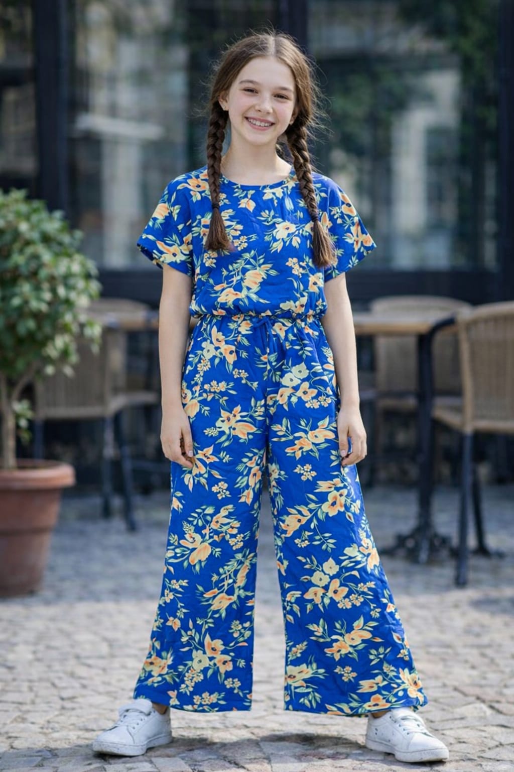 Girls royal blue floral printed co-ord set with wide-leg pants, casual cotton Pakistan  summer outfit 