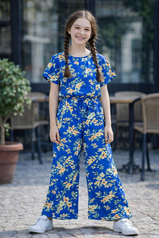 Girls royal blue floral printed co-ord set with wide-leg pants, casual cotton Pakistan  summer outfit 